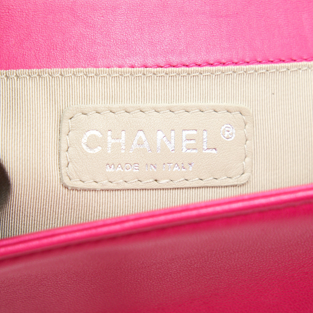 CHANEL SMALL BOY BAG LAMBSKIN RUTHENIUM HARDWARE HOT PINK