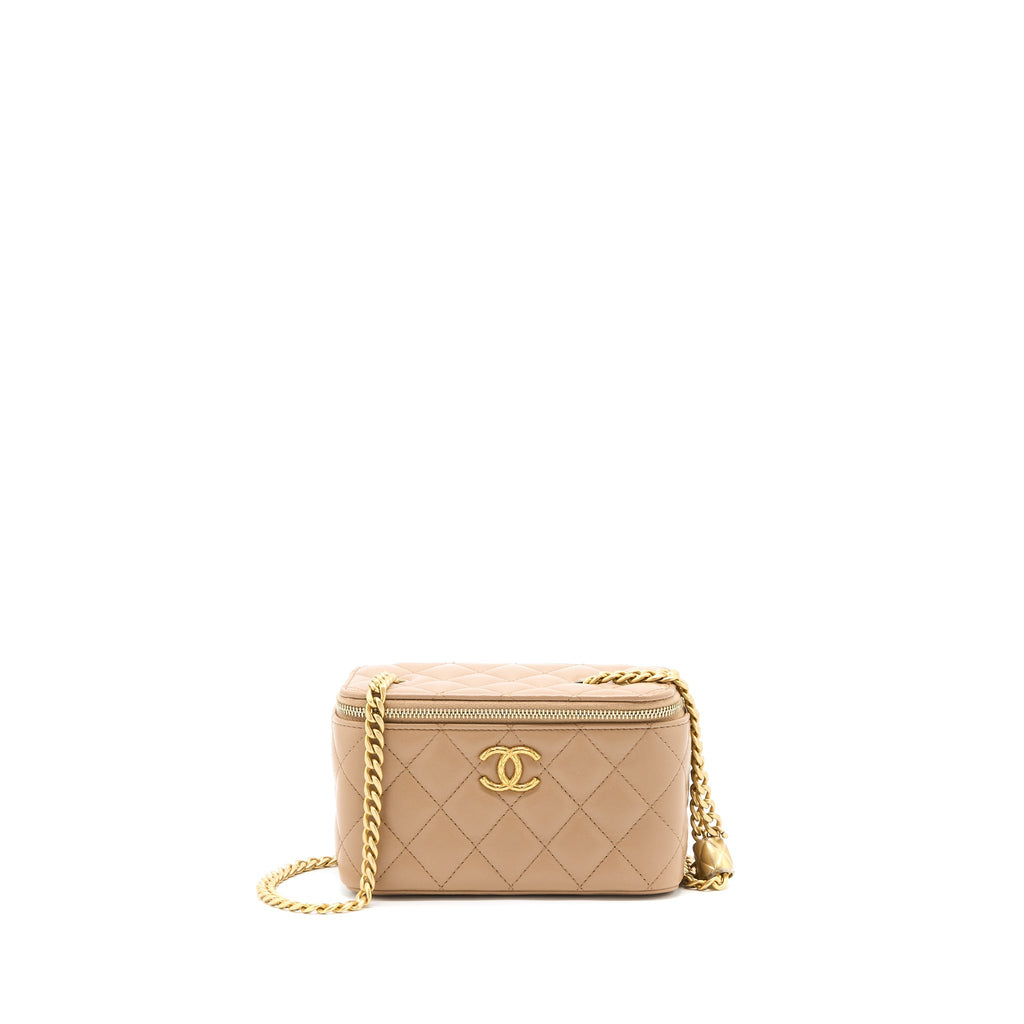 CHANEL 22K GOLD PILLAR ADJUSTABLE CHAIN LONG VANITY LAMBSKIN BEIGE BRUSHED GHW (MICROCHIP)