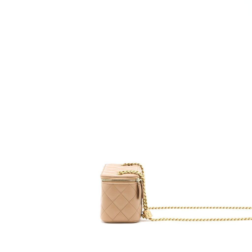 CHANEL 22K GOLD PILLAR ADJUSTABLE CHAIN LONG VANITY LAMBSKIN BEIGE BRUSHED GHW (MICROCHIP)