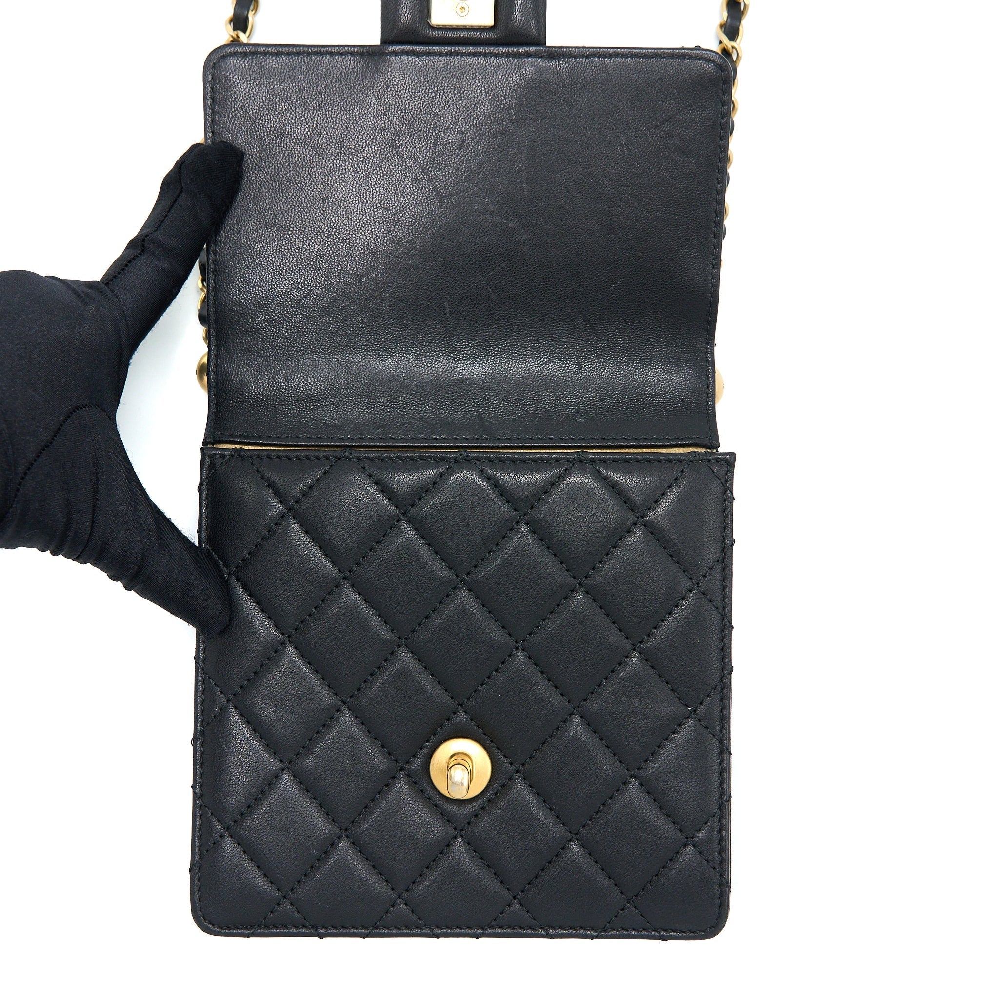 CHANEL VERTICAL PEARL FLAP BAG GOATSKIN BLACK GHW