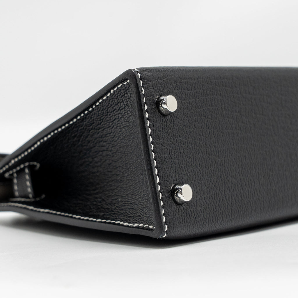HERMES MINI KELLY II SPECIAL ORDER CHEVRE MYSORE BLACK / GRIS PERLE WHITE STITCHING SHW