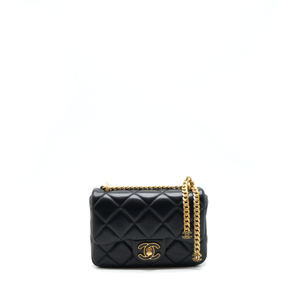 CHANEL 22P SEASONAL MINI SQUARE FLAP BAG LAMBSKIN BLACK GHW