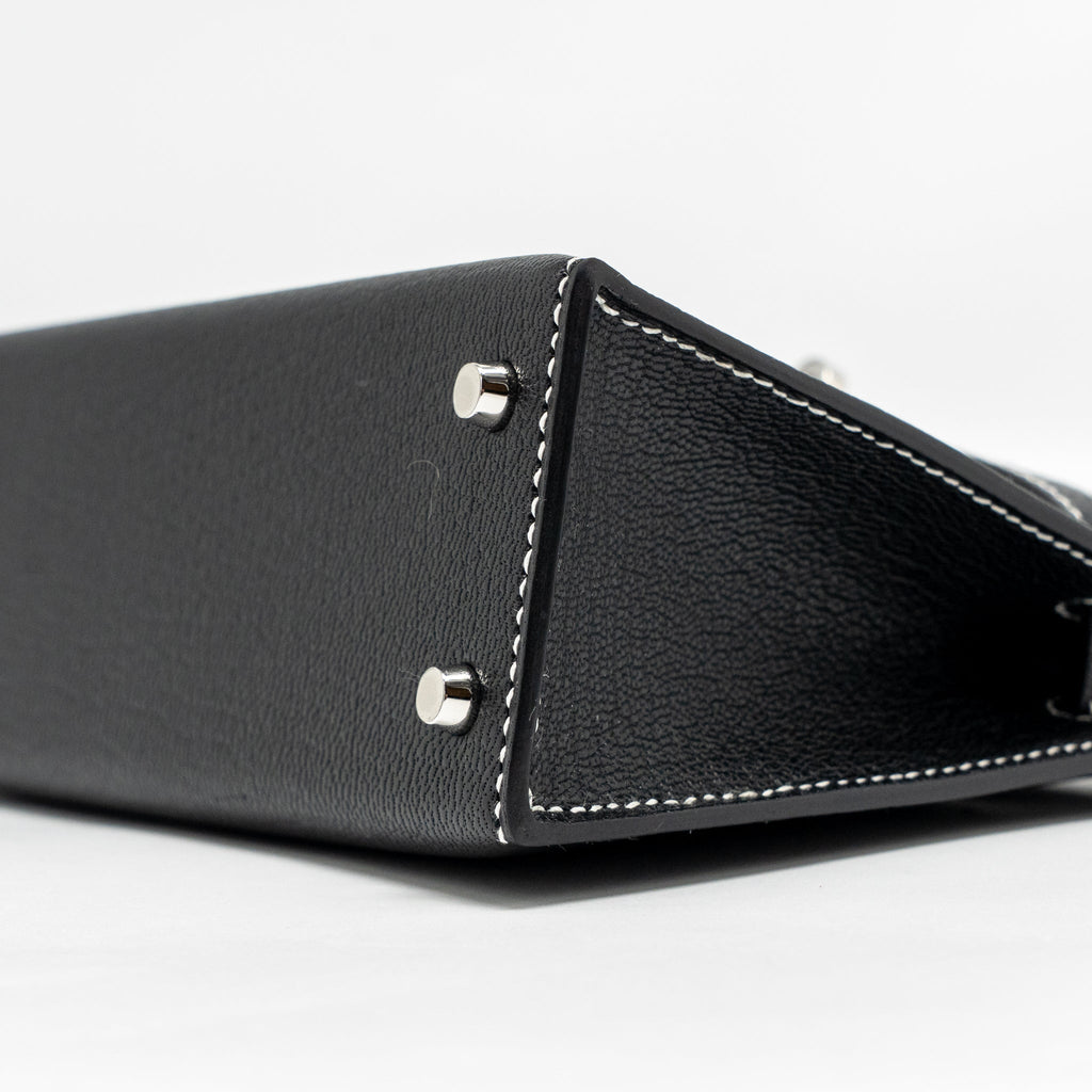 HERMES MINI KELLY II SPECIAL ORDER CHEVRE MYSORE BLACK / GRIS PERLE WHITE STITCHING SHW