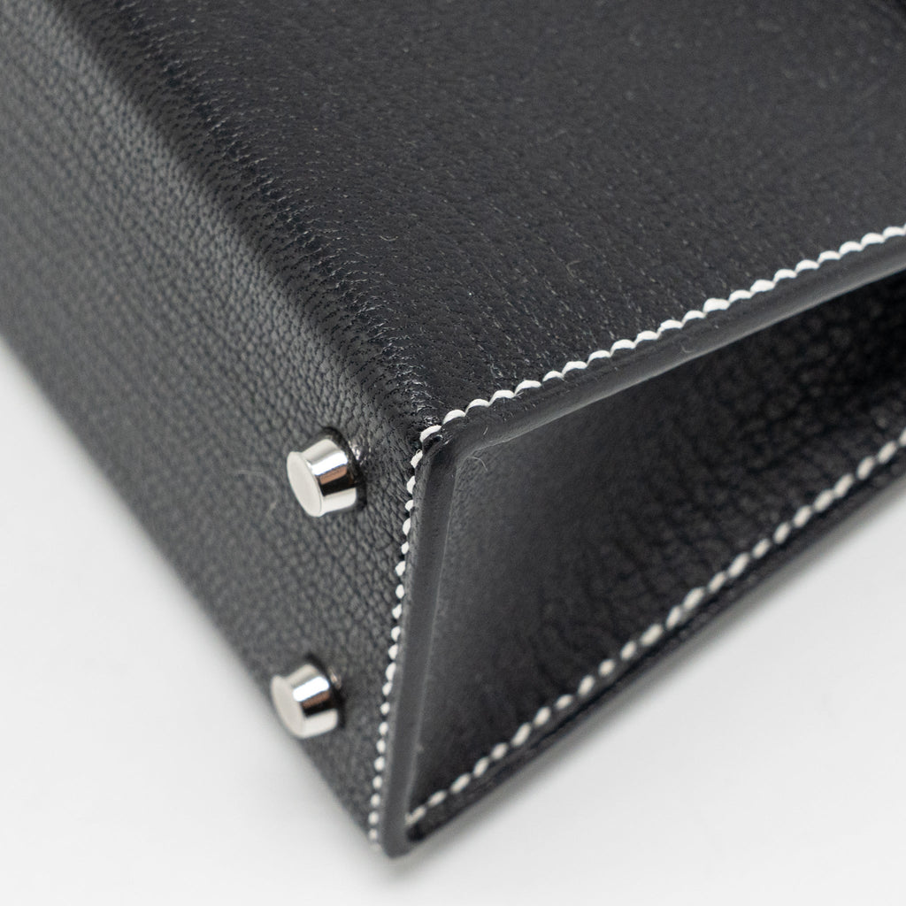 HERMES MINI KELLY II SPECIAL ORDER CHEVRE MYSORE BLACK / GRIS PERLE WHITE STITCHING SHW