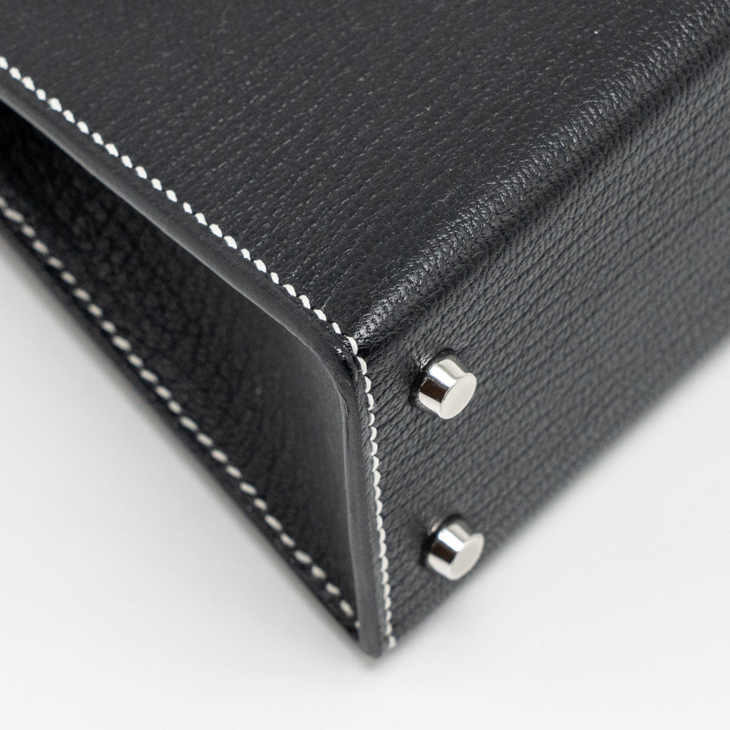 HERMES MINI KELLY II SPECIAL ORDER CHEVRE MYSORE BLACK / GRIS PERLE WHITE STITCHING SHW