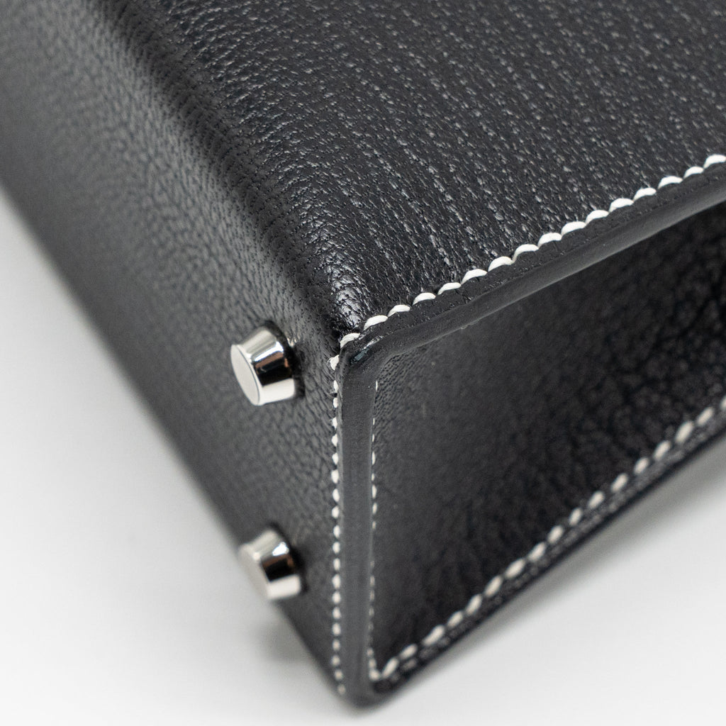 HERMES MINI KELLY II SPECIAL ORDER CHEVRE MYSORE BLACK / GRIS PERLE WHITE STITCHING SHW