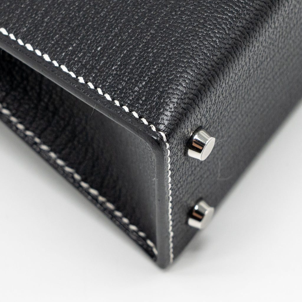HERMES MINI KELLY II SPECIAL ORDER CHEVRE MYSORE BLACK / GRIS PERLE WHITE STITCHING SHW