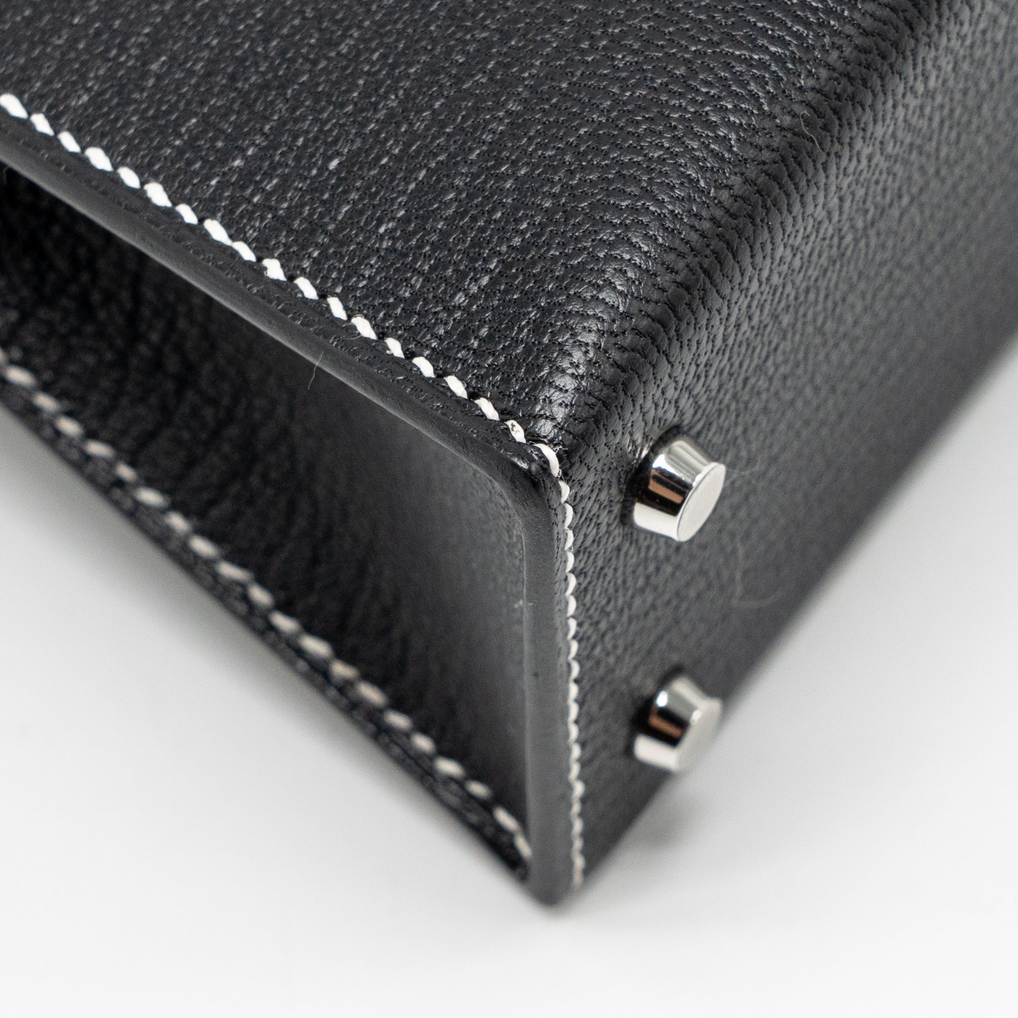 HERMES MINI KELLY II SPECIAL ORDER CHEVRE MYSORE BLACK / GRIS PERLE WHITE STITCHING SHW