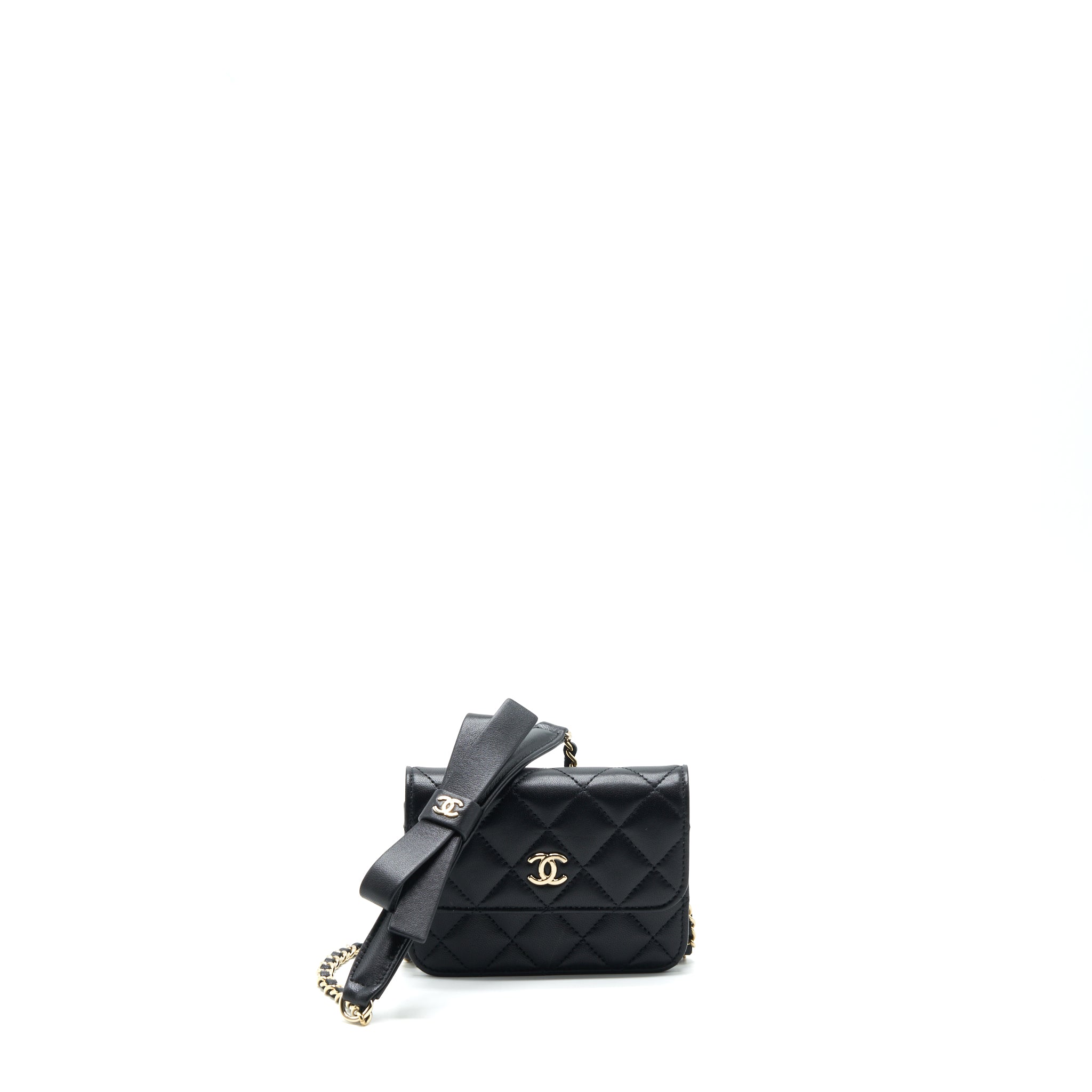 CHANEL MINI FLAP CARD HOLDER RIBBON CHAIN LAMBSKIN BLACK LGHW