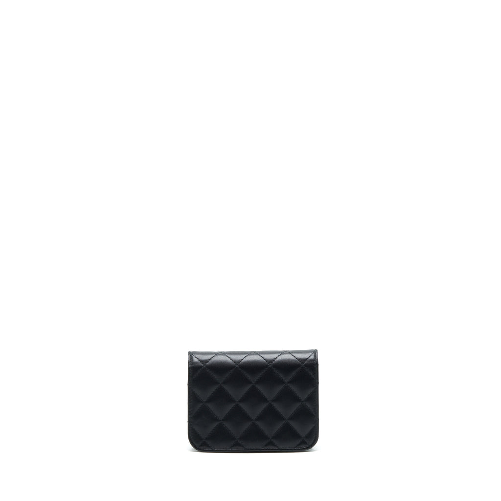 CHANEL MINI FLAP CARD HOLDER RIBBON CHAIN LAMBSKIN BLACK LGHW