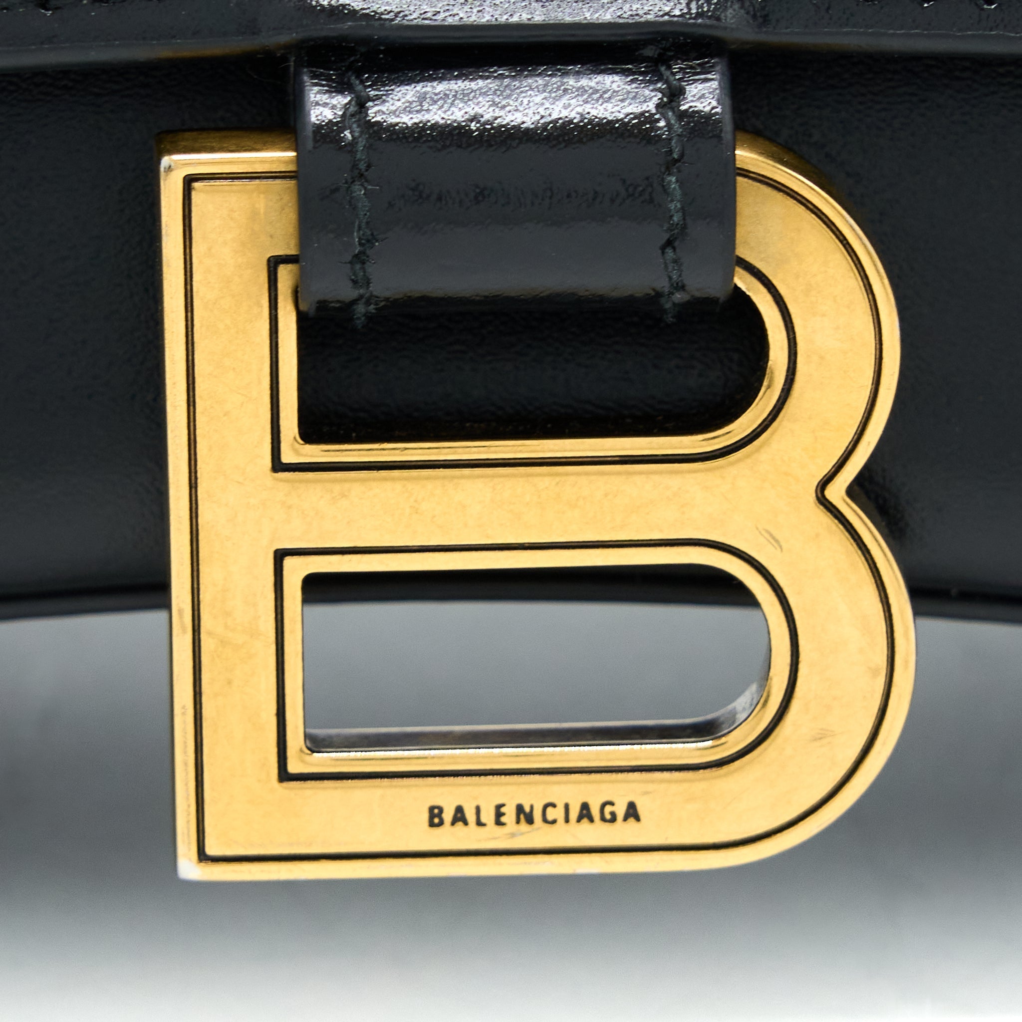 BALENCIAGA HOURGLASS SMALL HANDBAG BOX CALFSKIN BLACK GHW