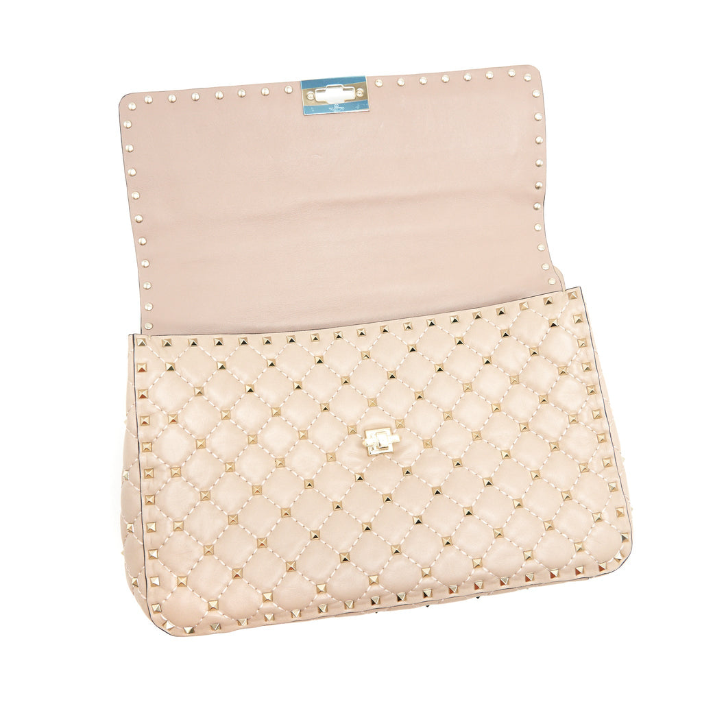 VALENTINO GARAVANI LARGE ROCKSTUD SPIKE SHOULDER BAG BEIGE LGHW