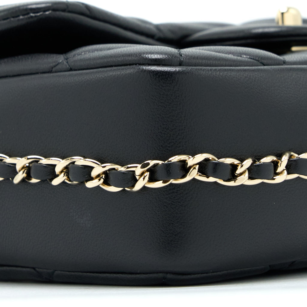 CHANEL SMALL PEARL LOGO STRAP FLAP BAG LAMBSKIN BLACK LGHW