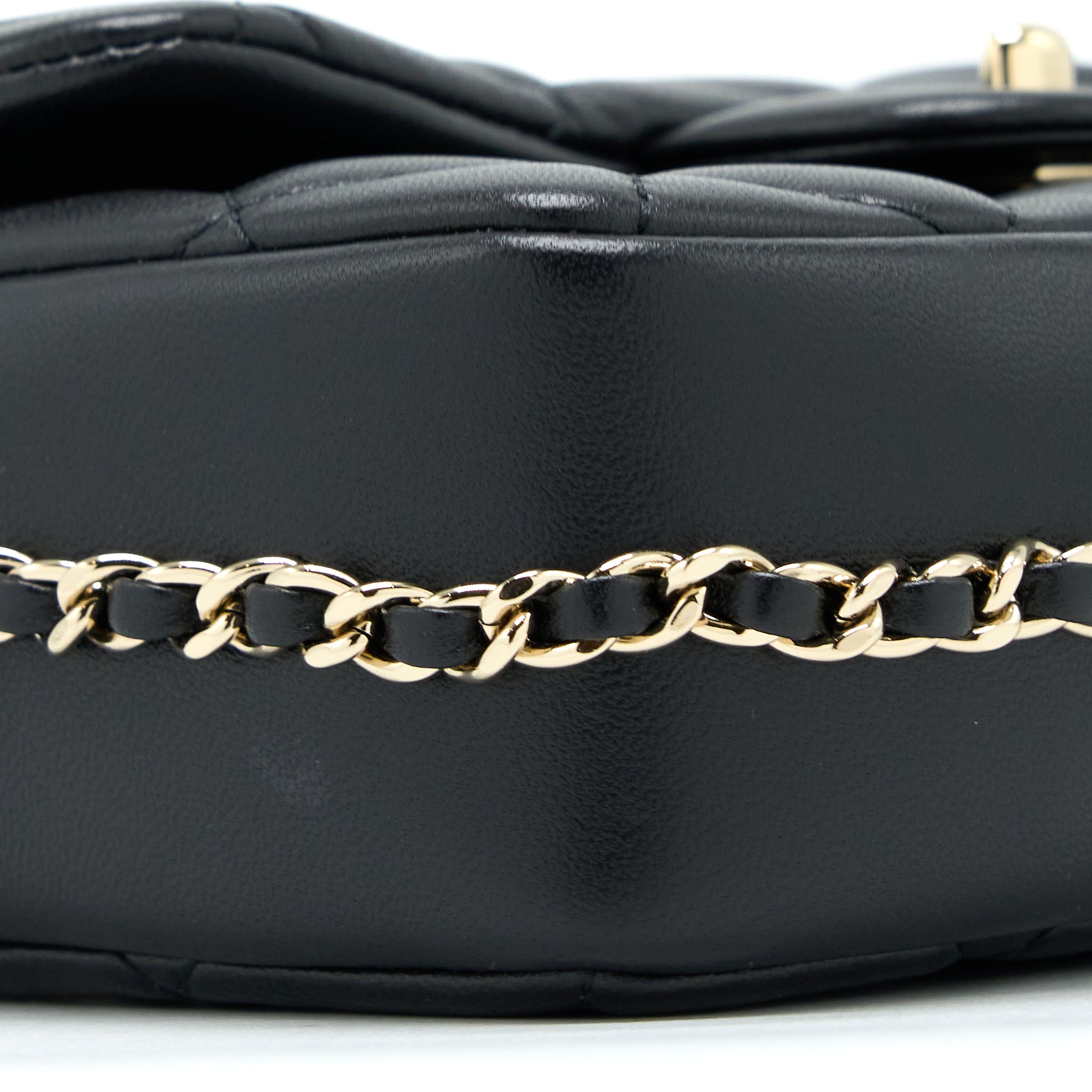 CHANEL SMALL PEARL LOGO STRAP FLAP BAG LAMBSKIN BLACK LGHW