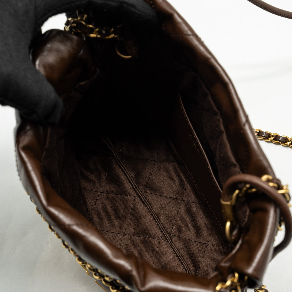 CHANEL MINI 22 BAG SHINY CALFSKIN CHOCOLATE GHW (MICROCHIP)