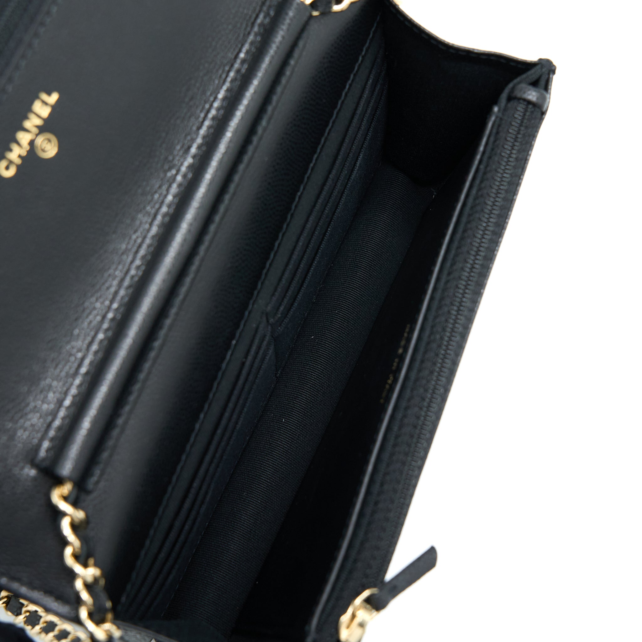 CHANEL 22S WALLET ON CHAINS WITH DETAIL CC LOGO CAVIAR BLACK LGHW