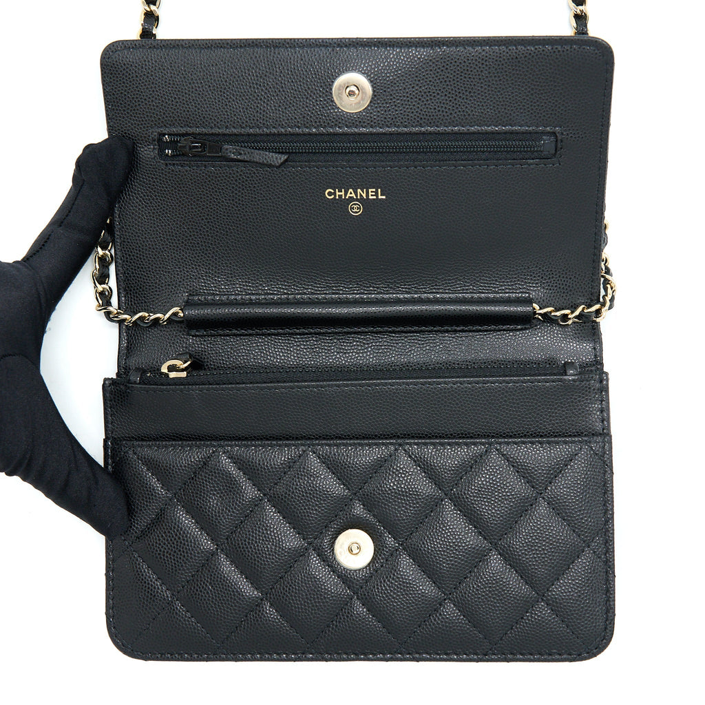 CHANEL 22S WALLET ON CHAINS WITH DETAIL CC LOGO CAVIAR BLACK LGHW