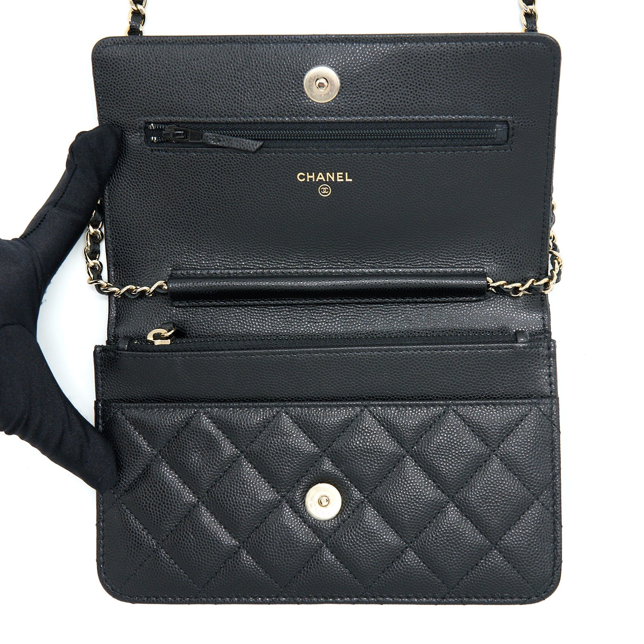 CHANEL 22S WALLET ON CHAINS WITH DETAIL CC LOGO CAVIAR BLACK LGHW