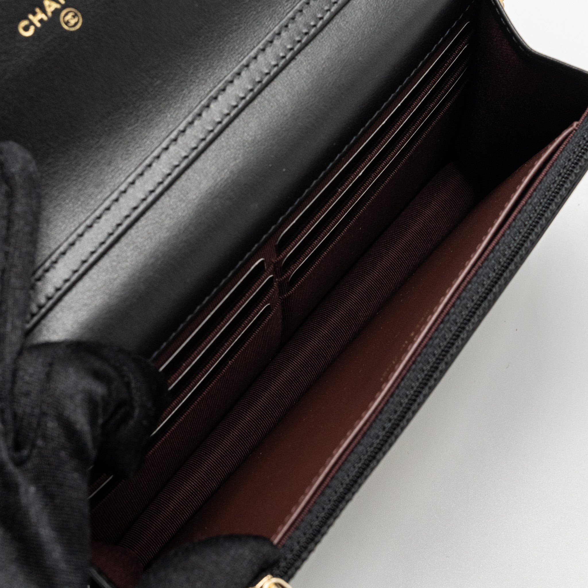 CHANEL 2.55 WALLET ON CHAIN AGED CALFSKIN BLACK BRUSHED GHW (MICROCHIP)