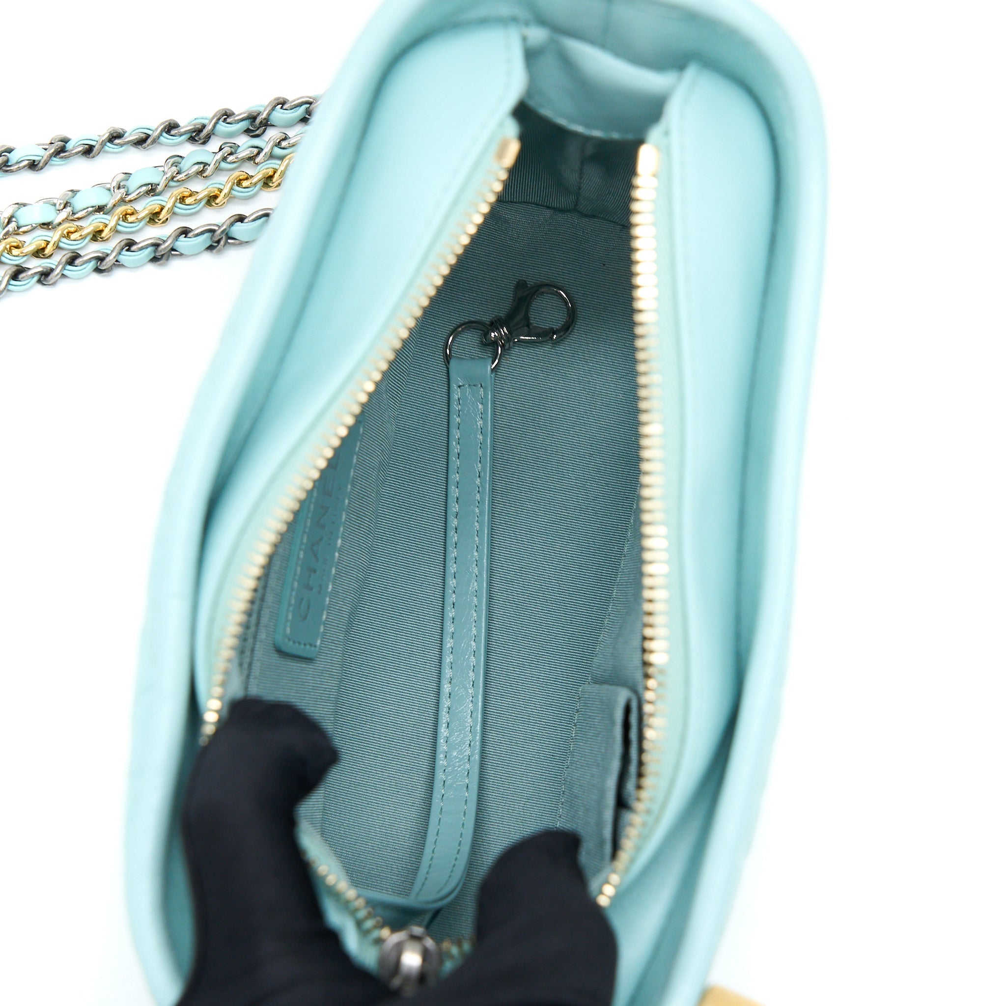 CHANEL SMALL GABRIELLE CHEVRON CALFSKIN LIGHT BLUE MULTICOLOUR HARDWARE