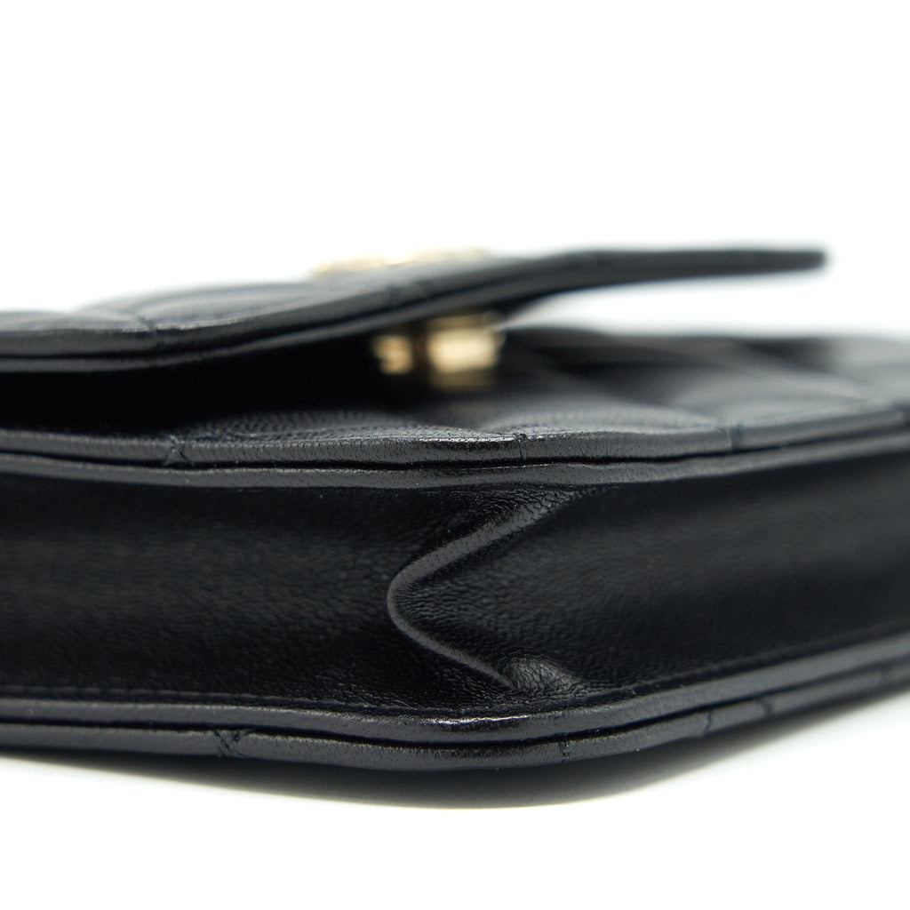 CHANEL MINI FLAP CARD HOLDER RIBBON CHAIN LAMBSKIN BLACK LGHW