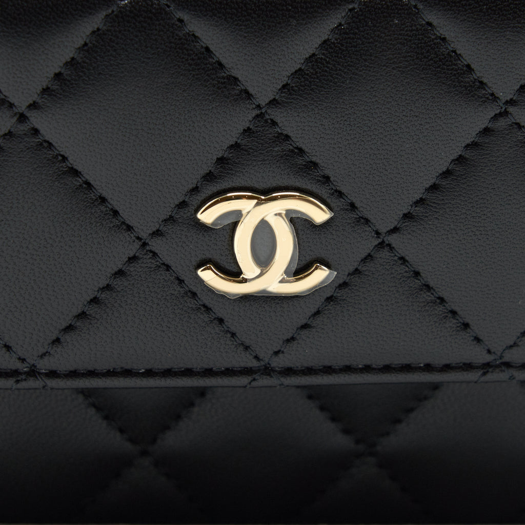 CHANEL MINI FLAP CARD HOLDER RIBBON CHAIN LAMBSKIN BLACK LGHW