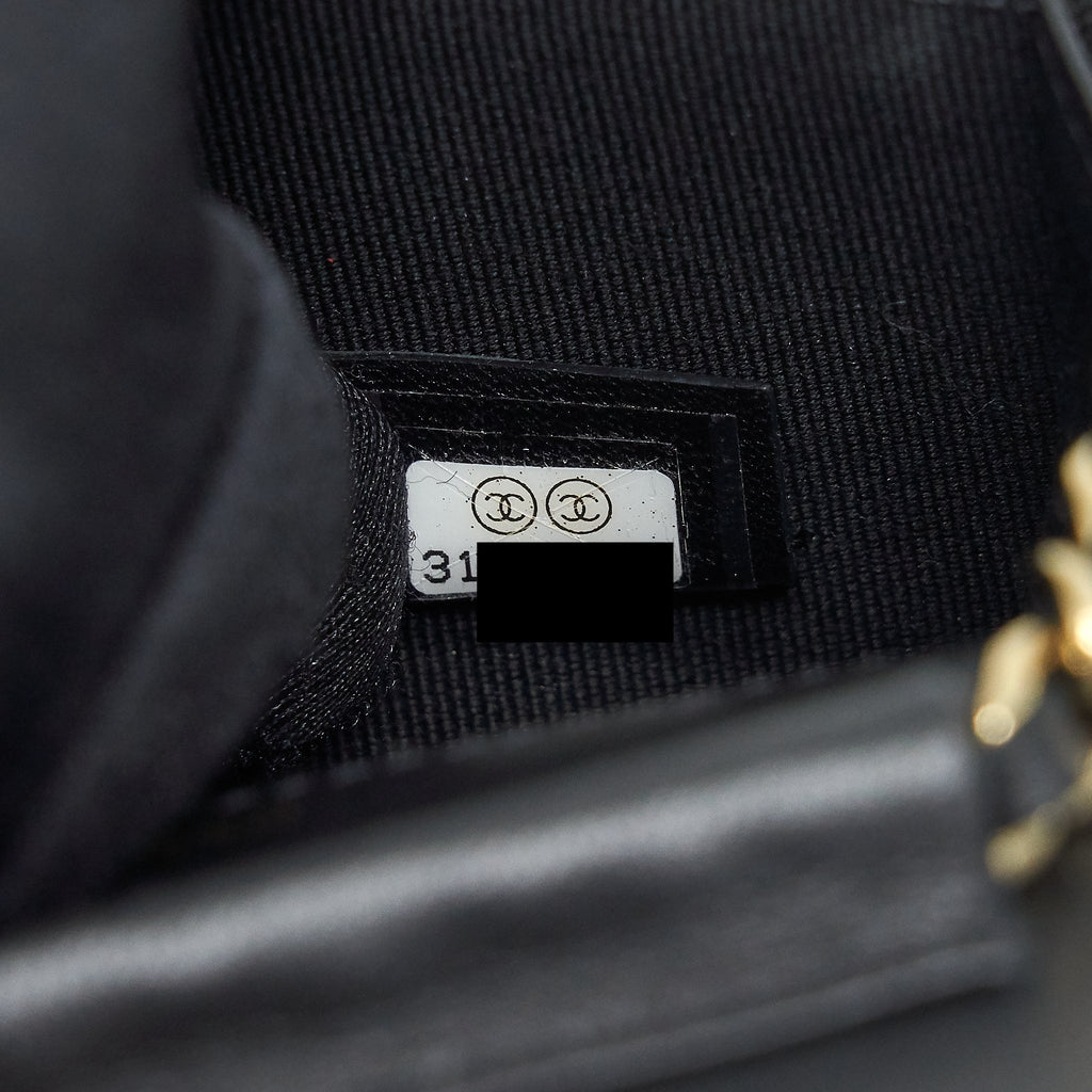 CHANEL MINI FLAP CARD HOLDER RIBBON CHAIN LAMBSKIN BLACK LGHW