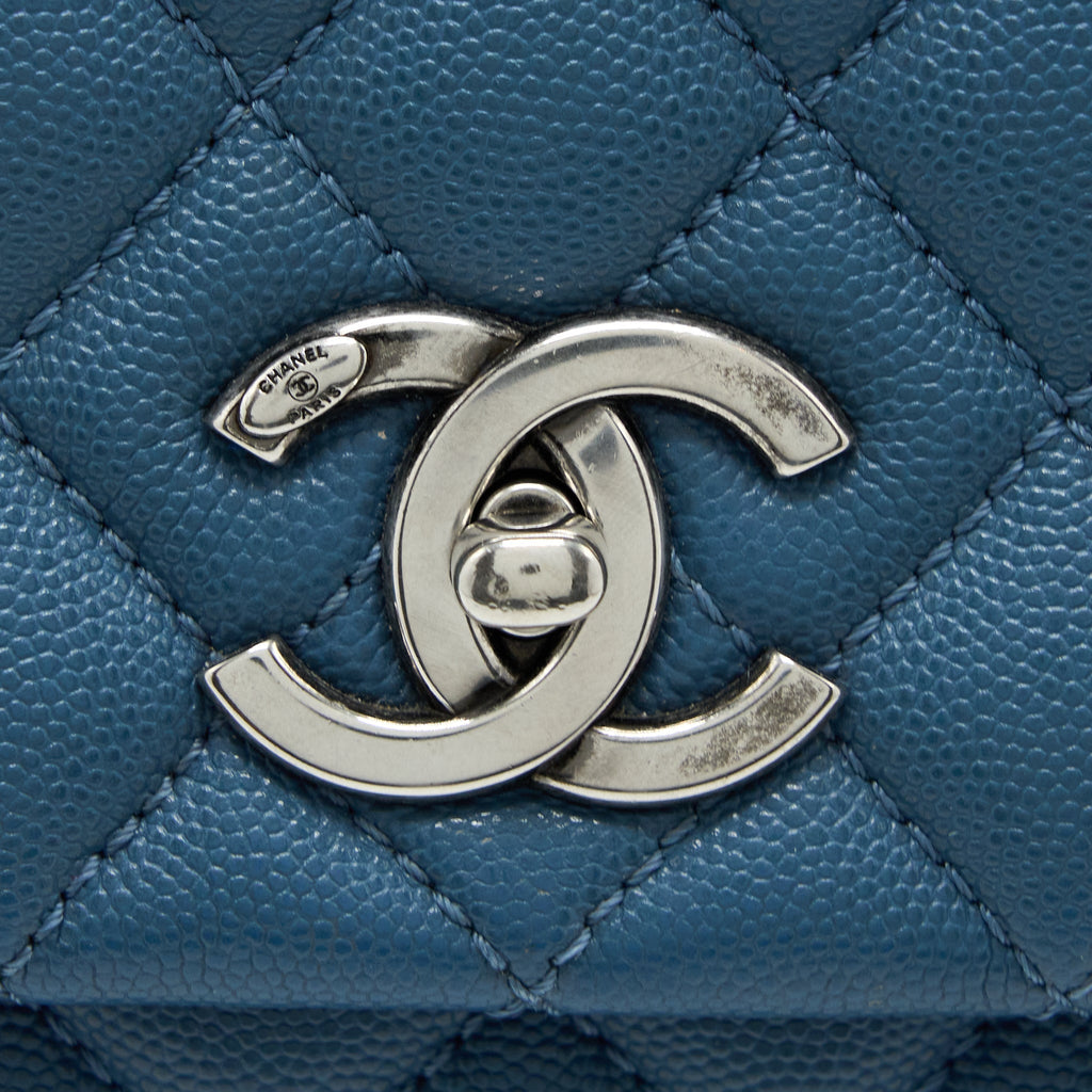 CHANEL COCO TOP HANDLE FLAP BAG CAVIAR BLUE RUTHENIUM HARDWARE