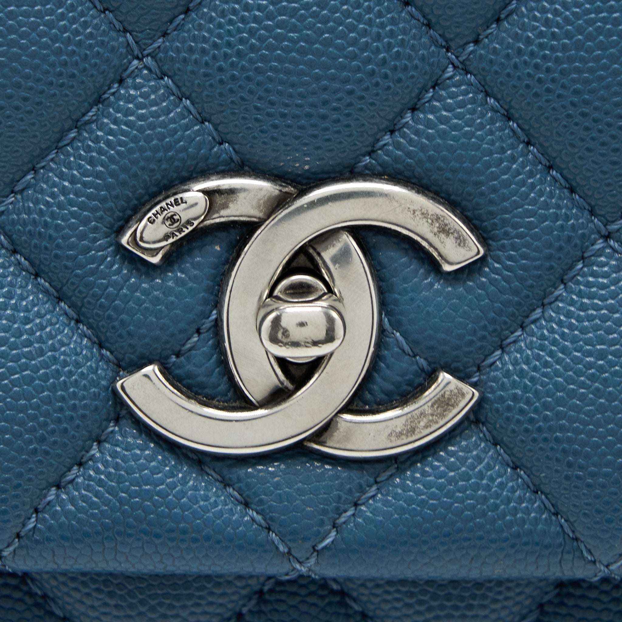 CHANEL COCO TOP HANDLE FLAP BAG CAVIAR BLUE RUTHENIUM HARDWARE