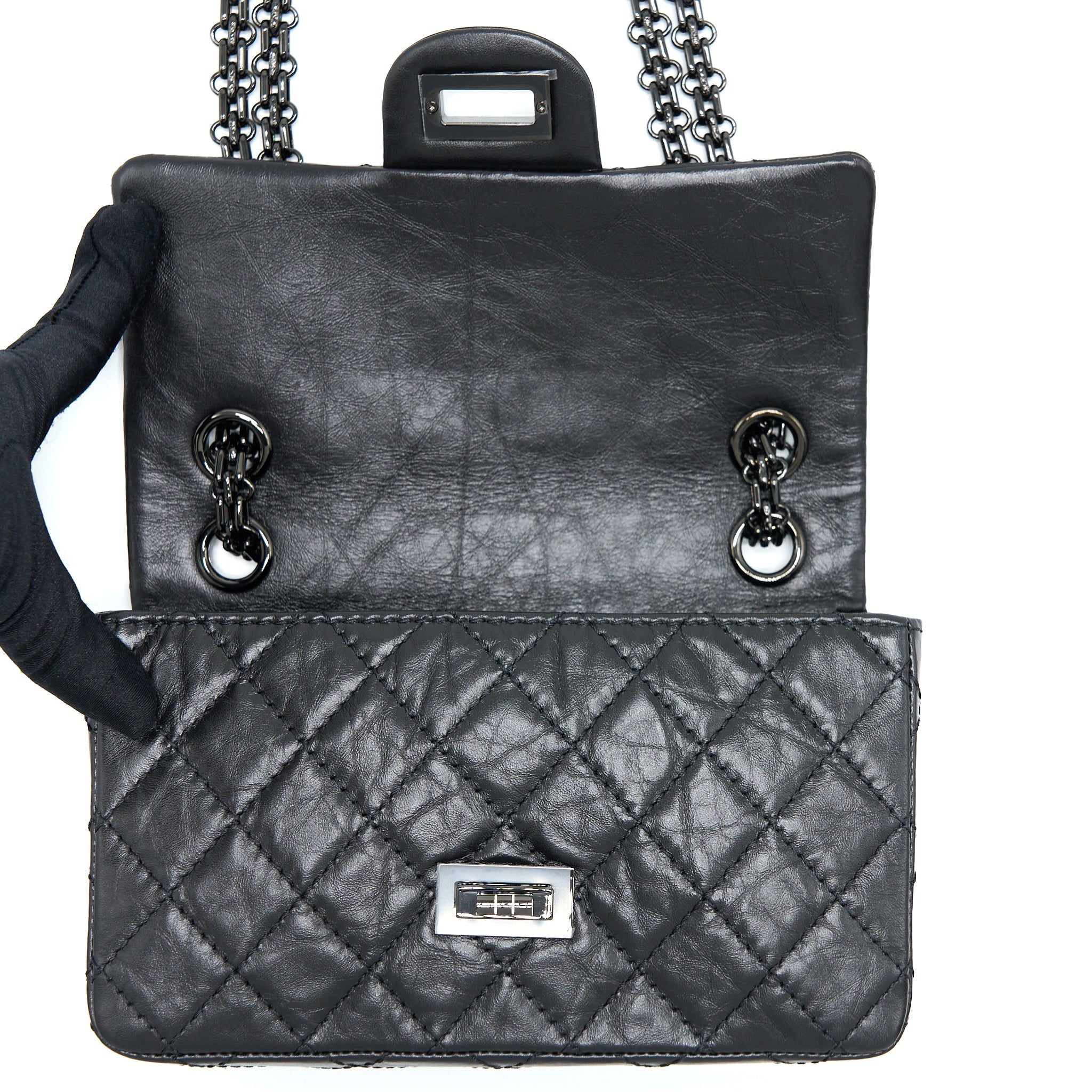 CHANEL MINI 2.55 REISSUE AGED CALFSKIN SO BLACK WITH BLACK HARDWARE (MICROCHIP)