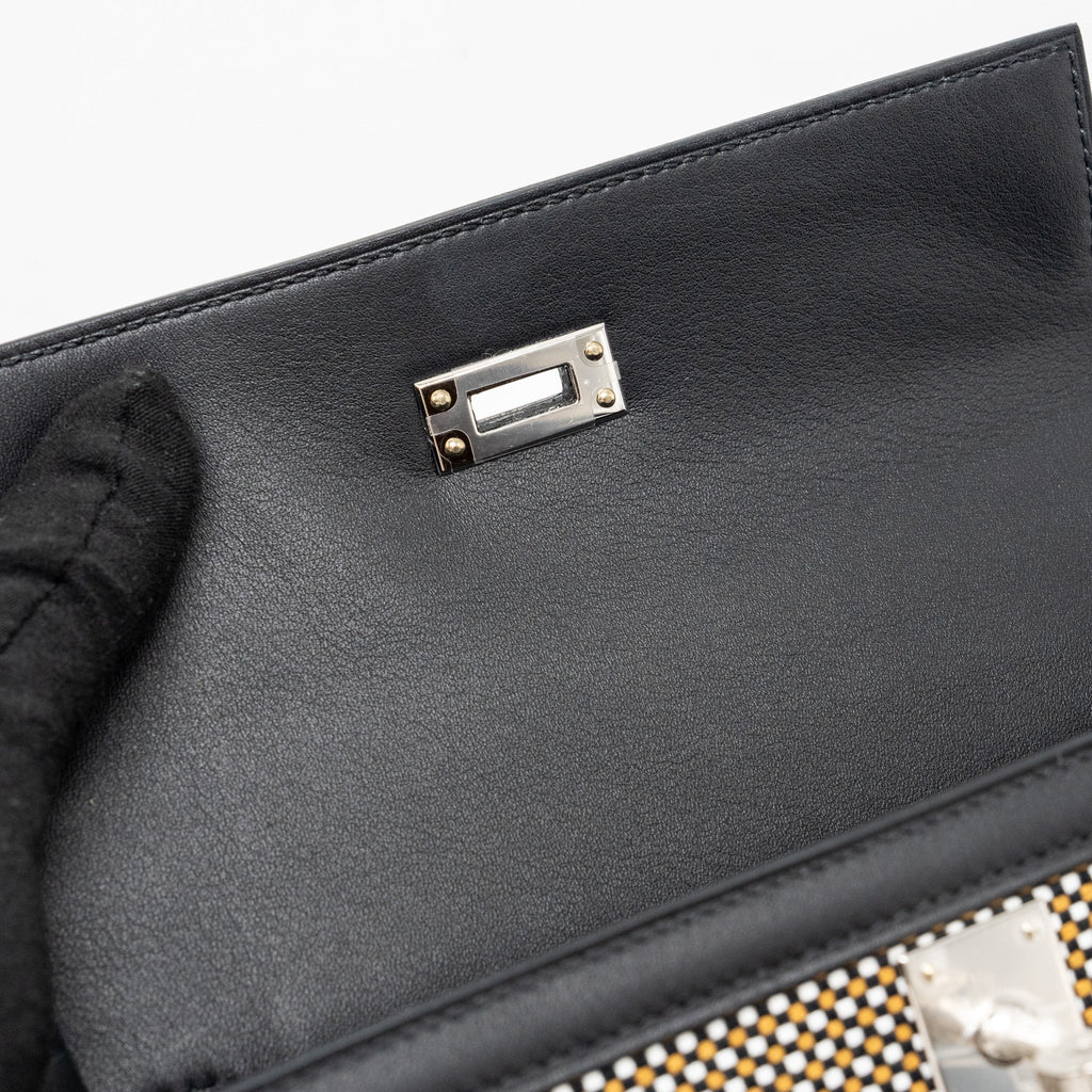 HERMES KELLY 25 SELLIER TOILE QUADRILLE /SWIFT BLACK-BLANC-DESERT / BLACK SHW