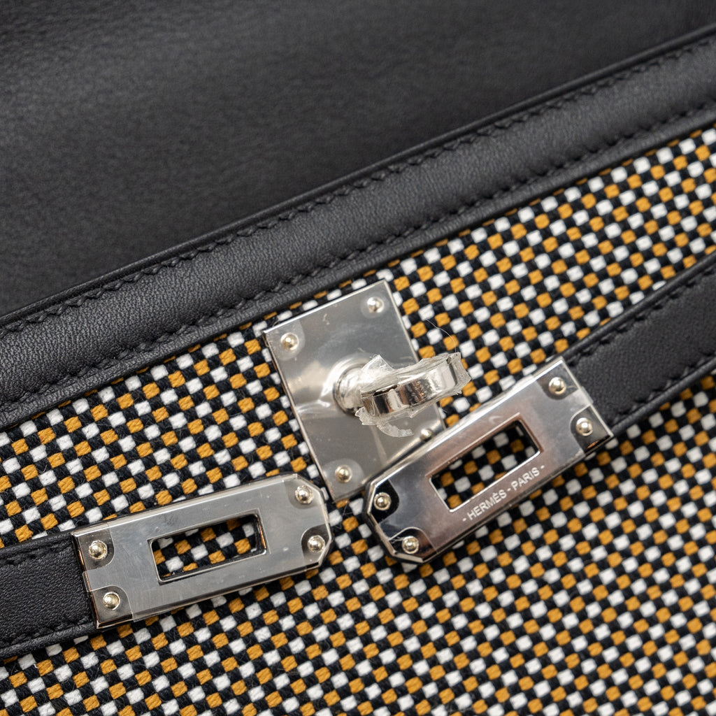 HERMES KELLY 25 SELLIER TOILE QUADRILLE /SWIFT BLACK-BLANC-DESERT / BLACK SHW