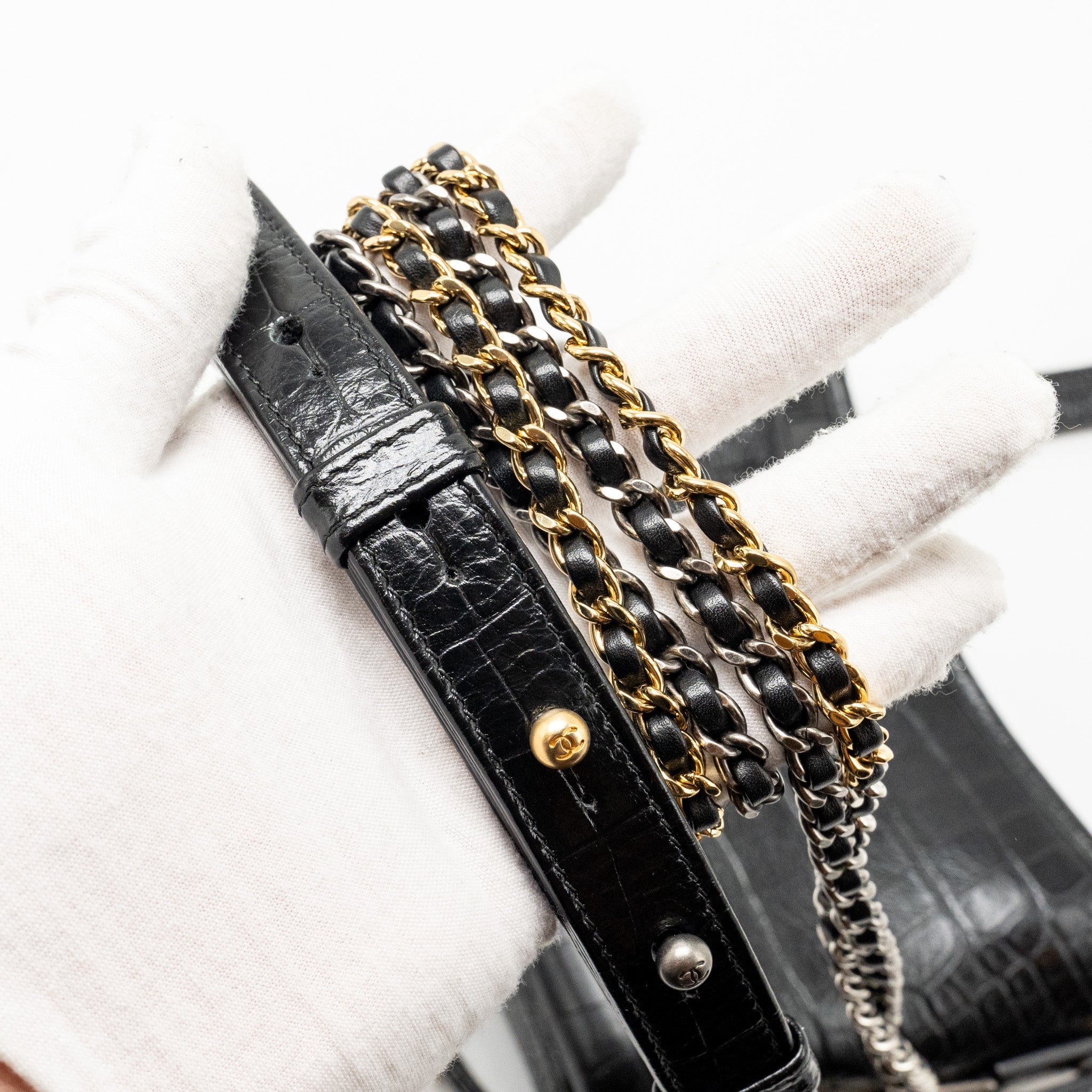 CHANEL SMALL GABRIELLE HOBO BAG WITH TOP HANDLE CROC-EMBOSSED CALFSKIN BLACK MULTICOLOUR HARDWARE