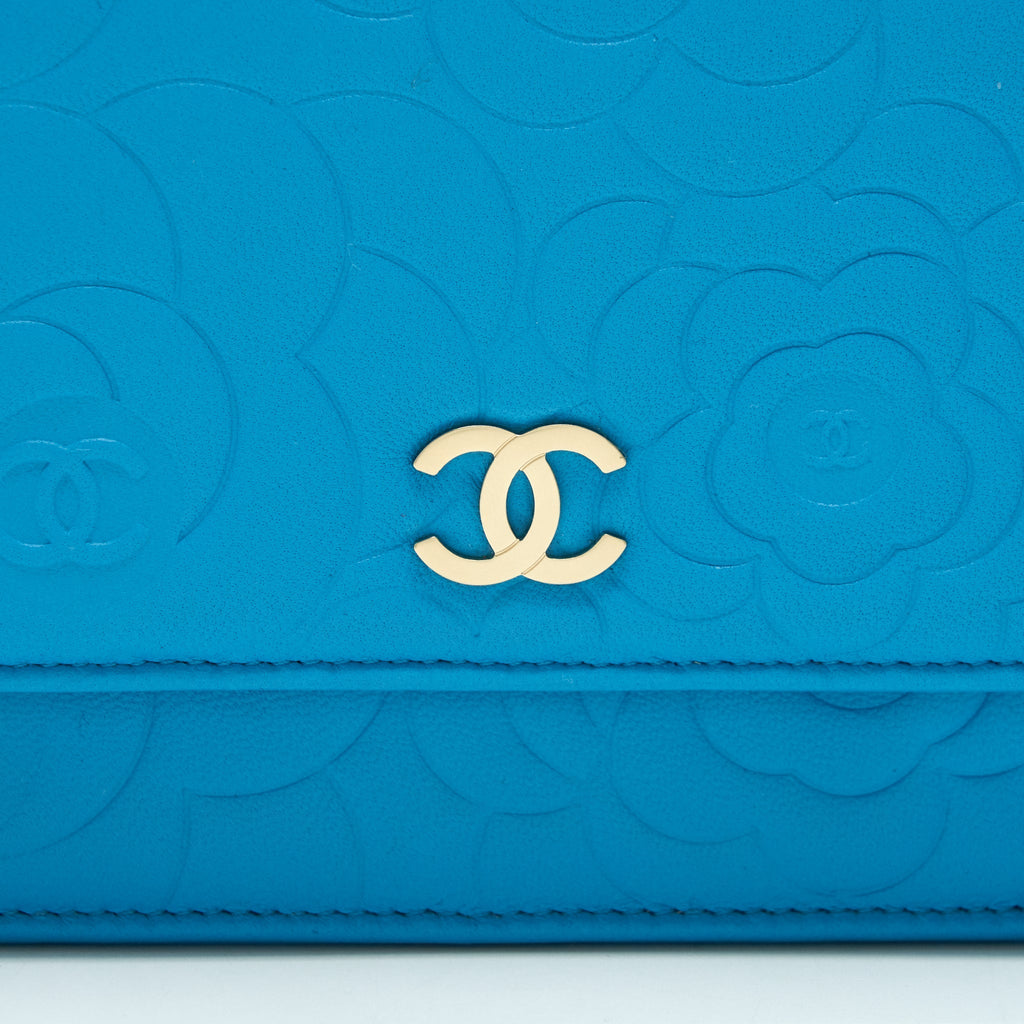 CHANEL CAMELIA WALLET ON CHAIN LAMBSKIN BLUE GHW