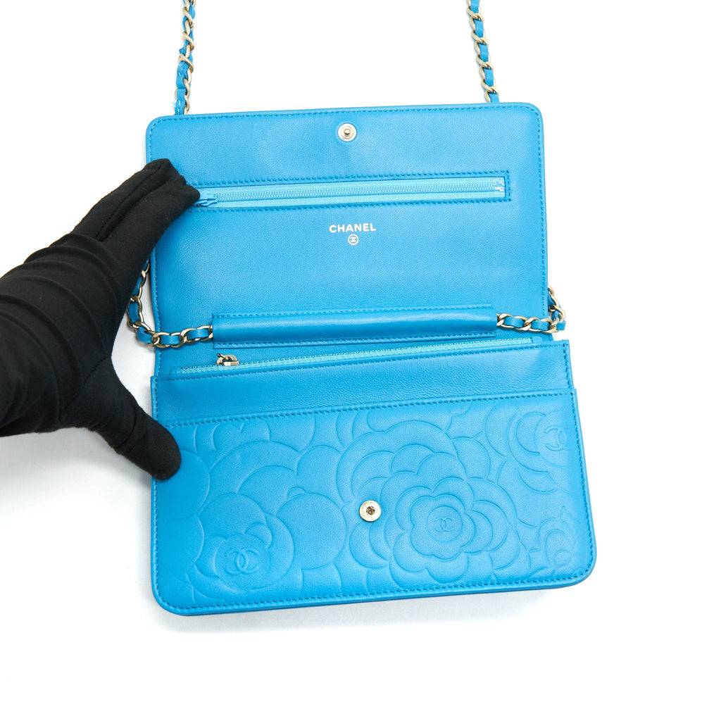 CHANEL CAMELIA WALLET ON CHAIN LAMBSKIN BLUE GHW