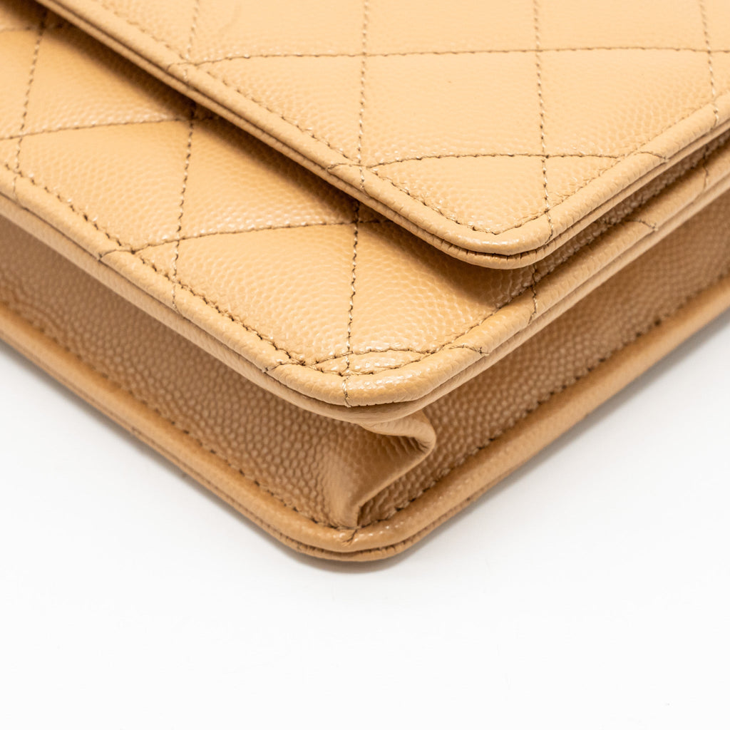 CHANEL DETAILED CC CLASSIC WALLET ON CHAIN CAVIAR BEIGE LGHW (MICROCHIP)