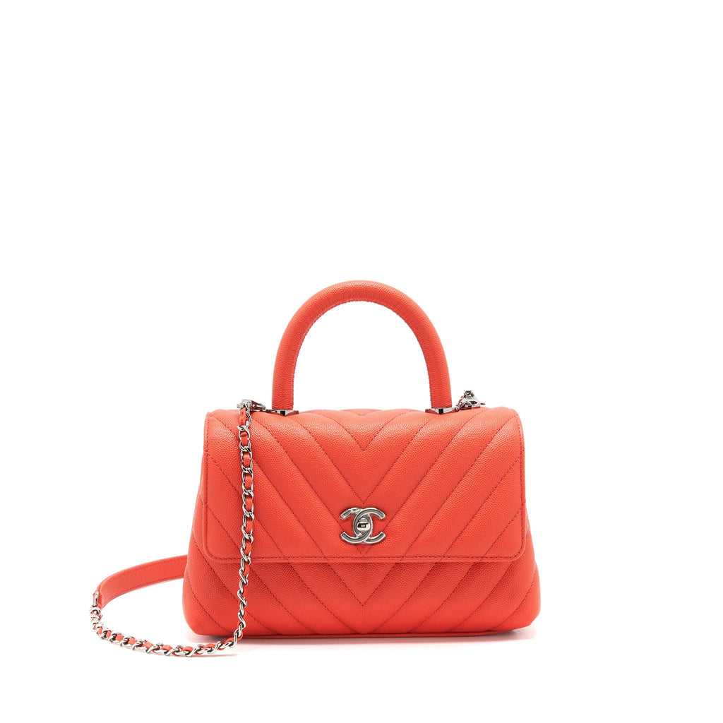 CHANEL COCO HANDLE SMALL 24CM CHEVRON CORAL RED RUTHENIUM HARDWARE