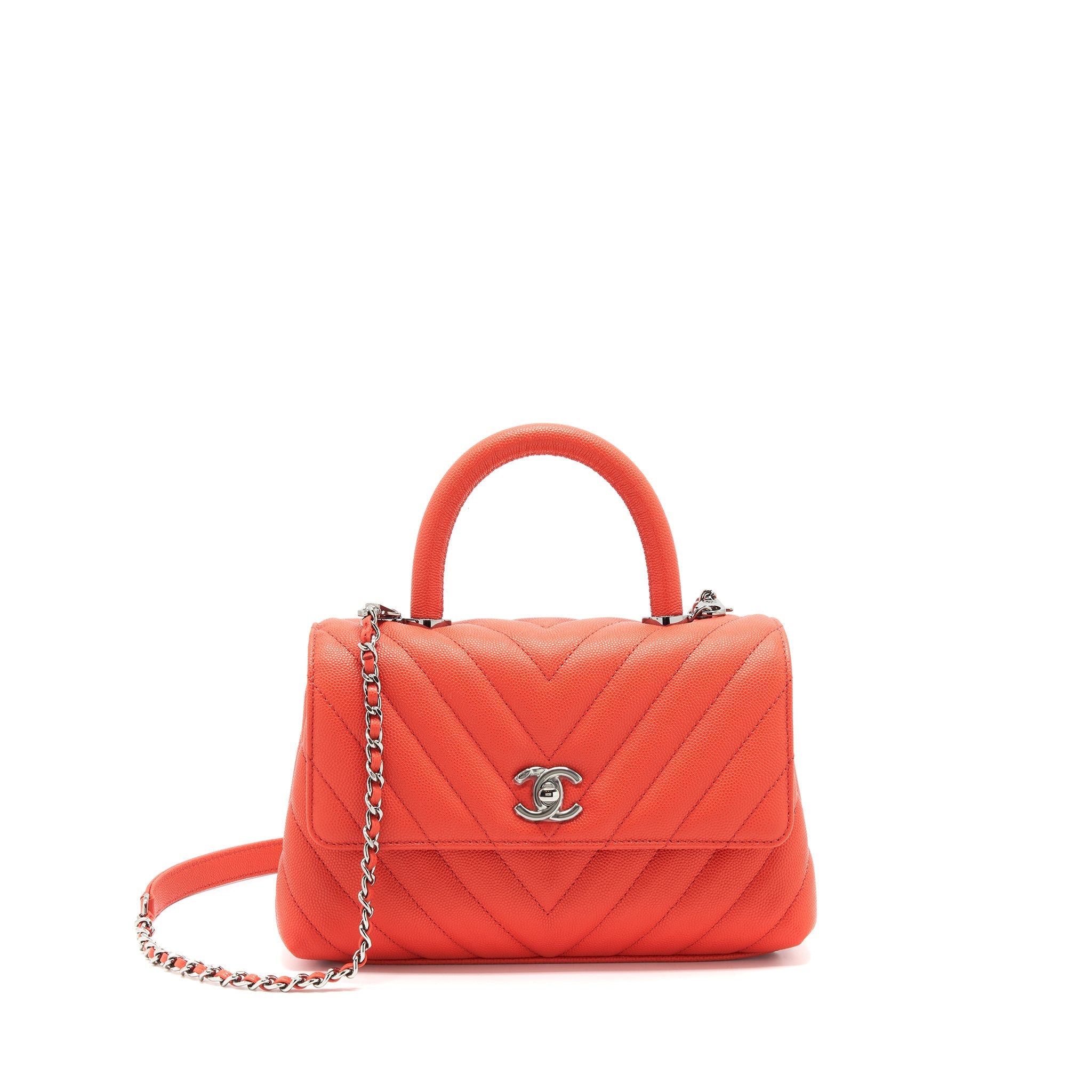 CHANEL COCO HANDLE SMALL 24CM CHEVRON CORAL RED RUTHENIUM HARDWARE
