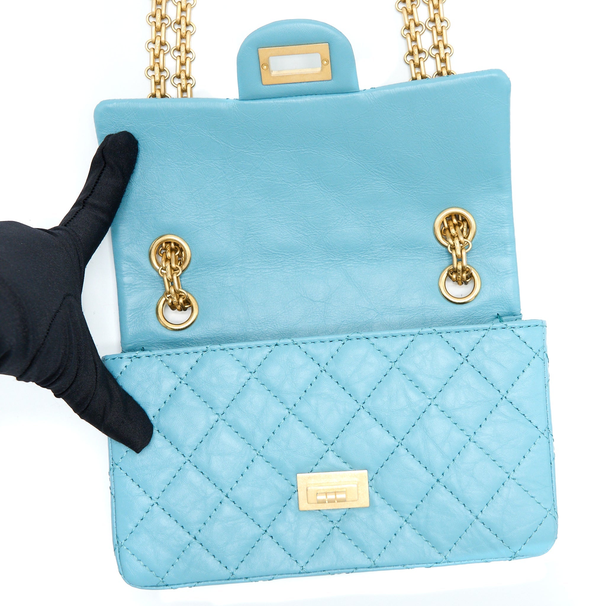 CHANEL MINI 2.55 REISSUE FLAP BAG AGED CALFSKIN LIGHT BLUE GHW