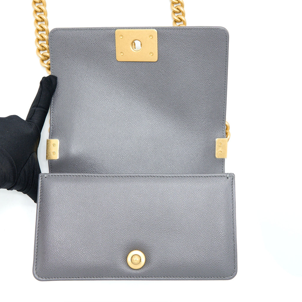 CHANEL SMALL BOY BAG CAVIAR GREY GHW (MICROCHIP)