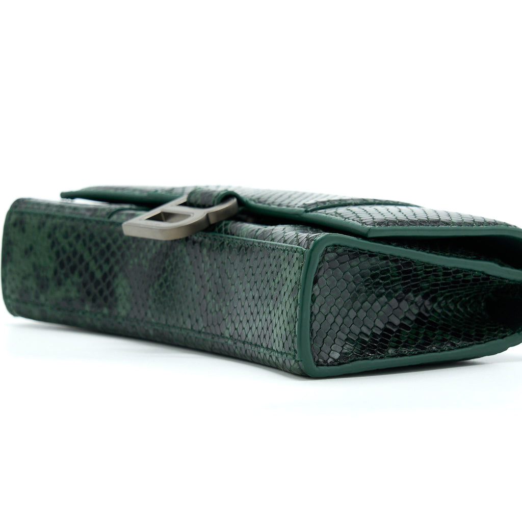 BALENCIAGA HOURGLASS WALLET WITH CHAIN PYTHON EMBOSSED CALFSKIN BLACK/ DARK GREEN
