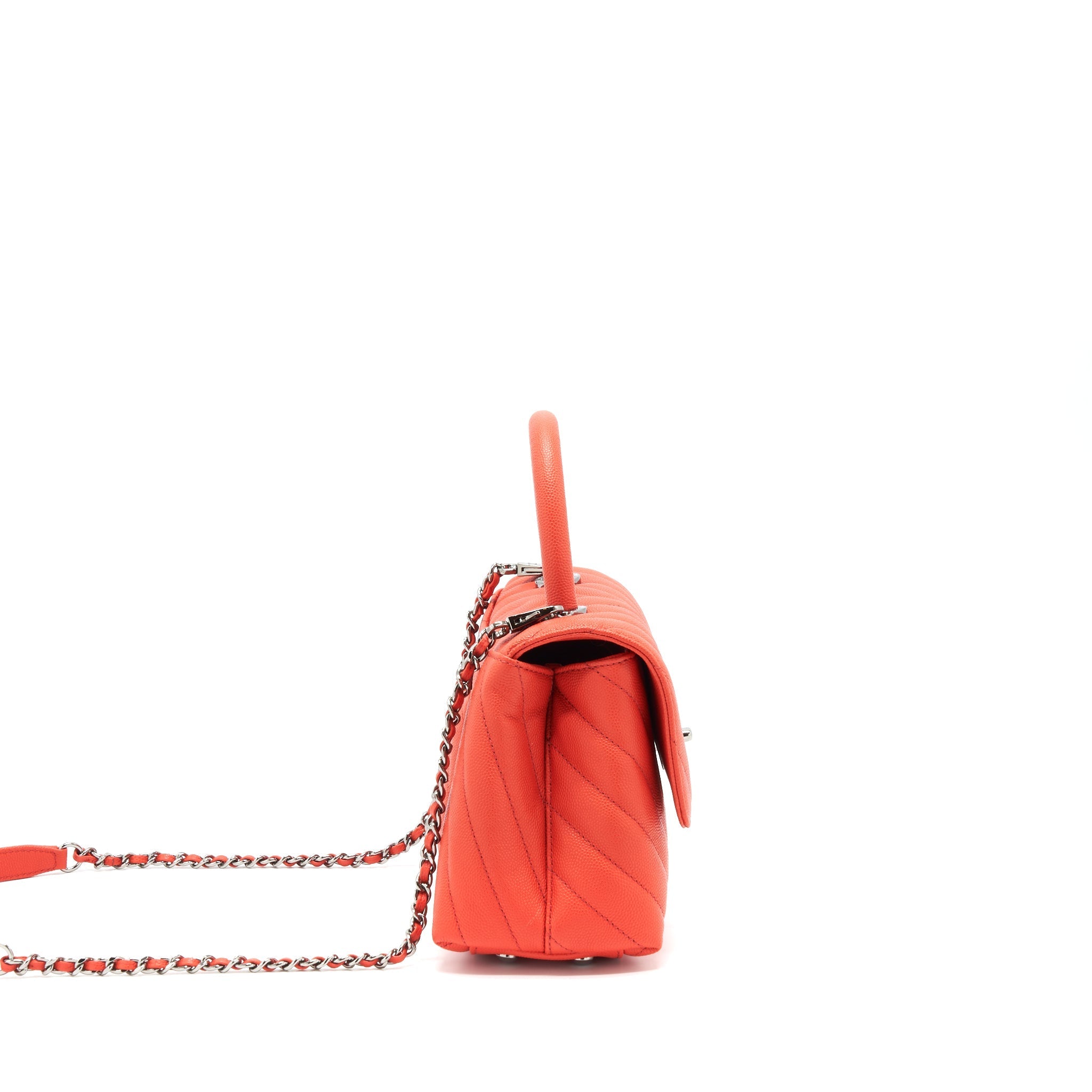 CHANEL COCO HANDLE SMALL 24CM CHEVRON CORAL RED RUTHENIUM HARDWARE