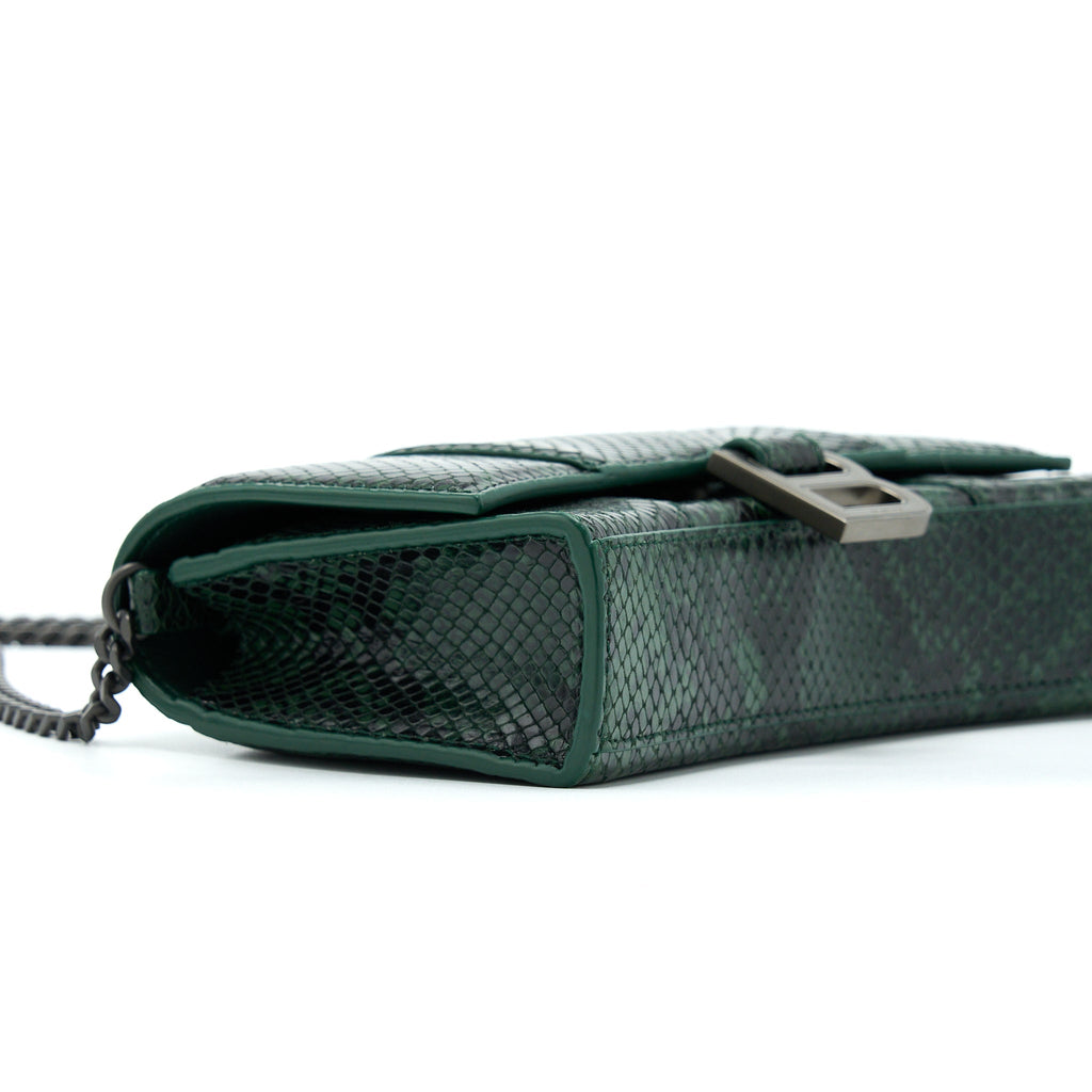 BALENCIAGA HOURGLASS WALLET WITH CHAIN PYTHON EMBOSSED CALFSKIN BLACK/ DARK GREEN