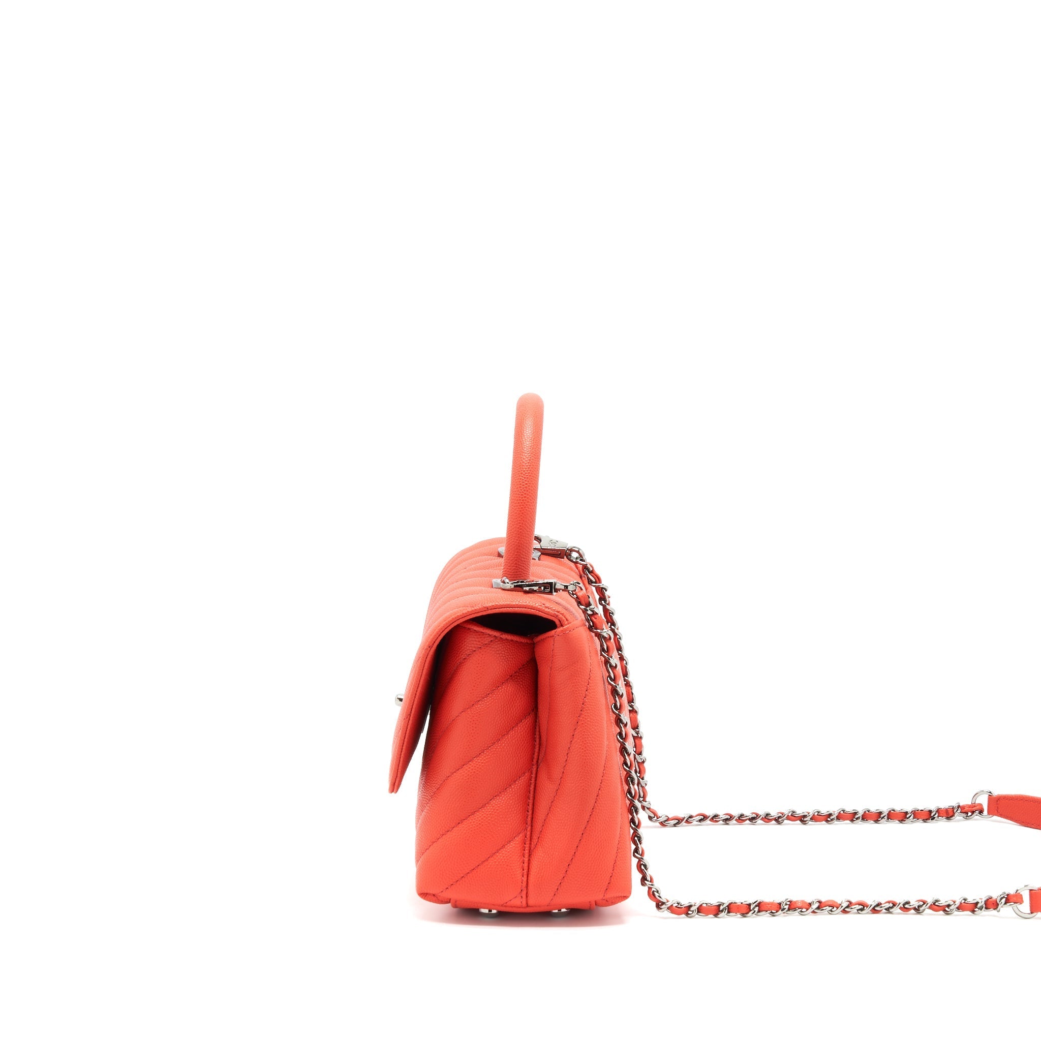 CHANEL COCO HANDLE SMALL 24CM CHEVRON CORAL RED RUTHENIUM HARDWARE
