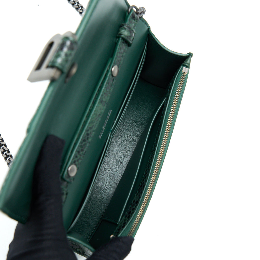 BALENCIAGA HOURGLASS WALLET WITH CHAIN PYTHON EMBOSSED CALFSKIN BLACK/ DARK GREEN