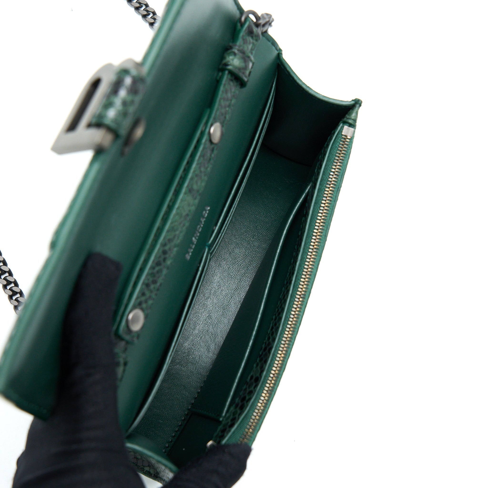 BALENCIAGA HOURGLASS WALLET WITH CHAIN PYTHON EMBOSSED CALFSKIN BLACK/ DARK GREEN