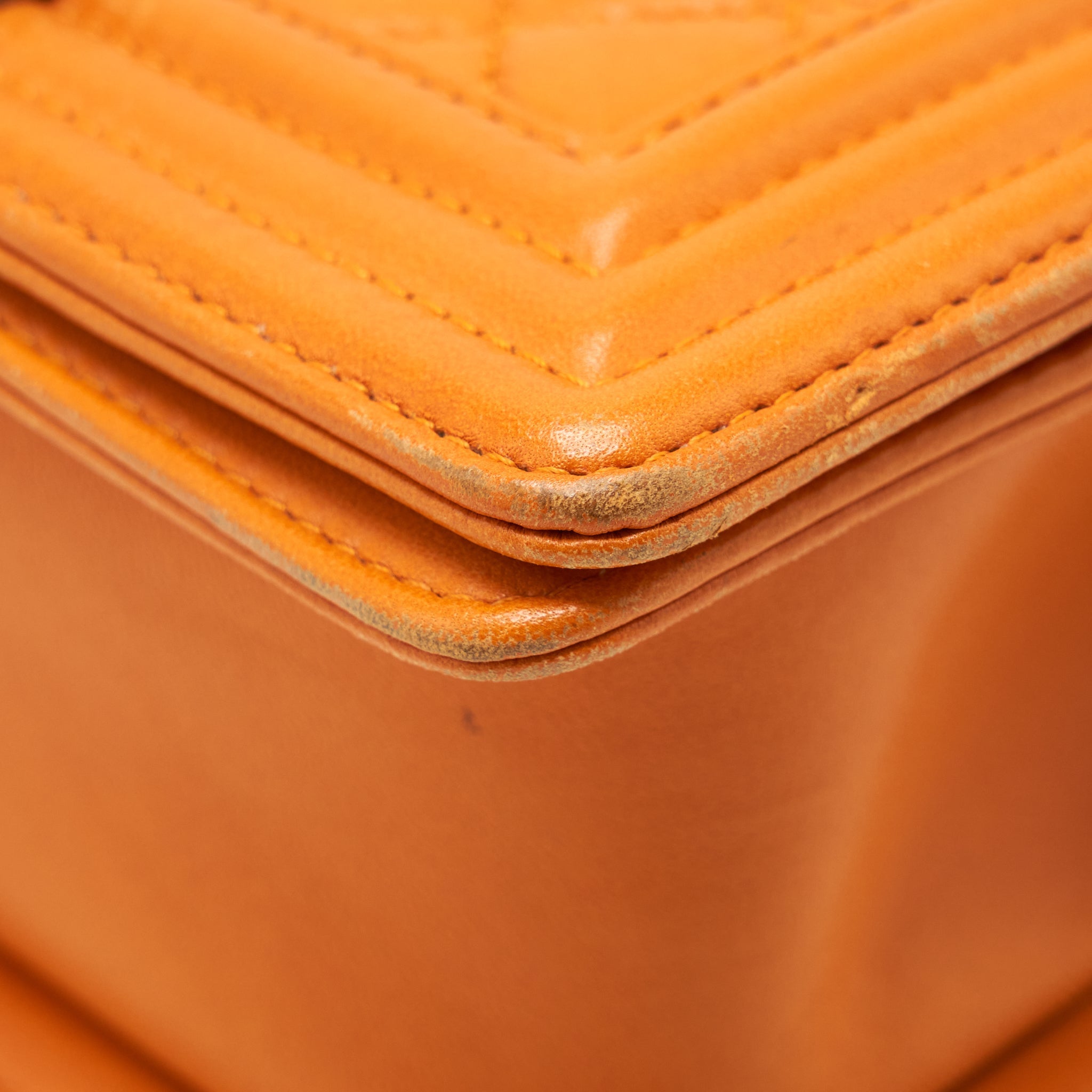 CHANEL SMALL BOY BAG LAMBSKIN ORANGE RUTHENIUM HARDWARE
