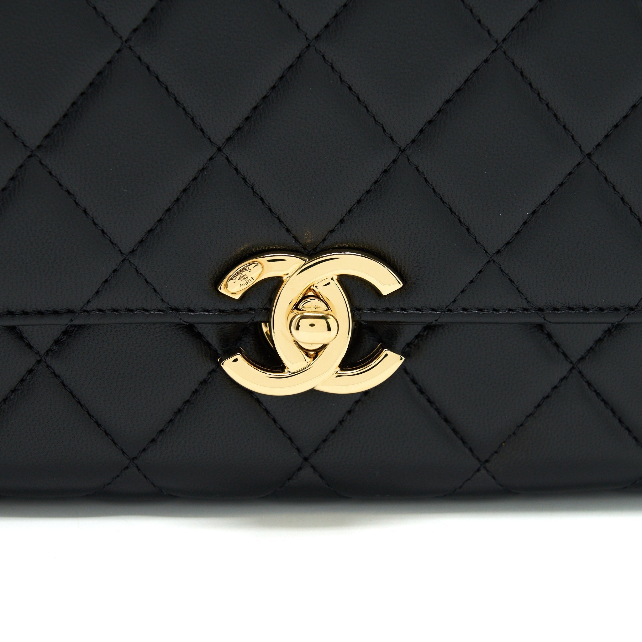 CHANEL 21K GOLD METAL MINI FLAP BAG WITH HANDLE BLACK GHW