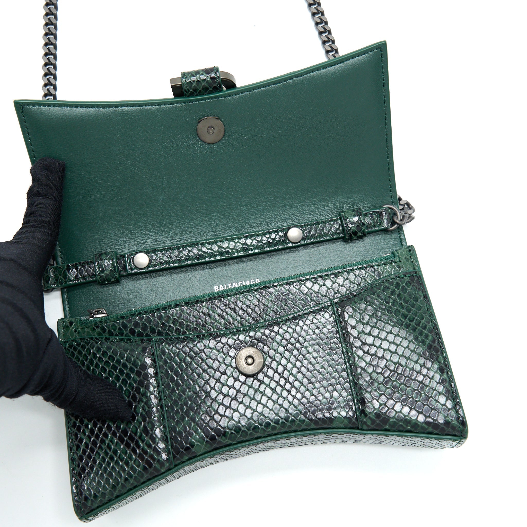 BALENCIAGA HOURGLASS WALLET WITH CHAIN PYTHON EMBOSSED CALFSKIN BLACK/ DARK GREEN