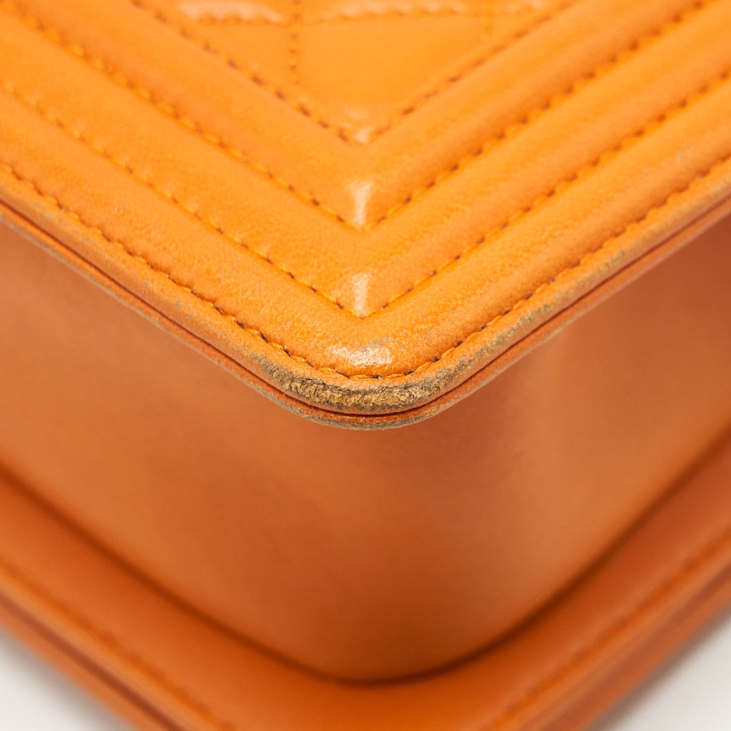 CHANEL SMALL BOY BAG LAMBSKIN ORANGE RUTHENIUM HARDWARE